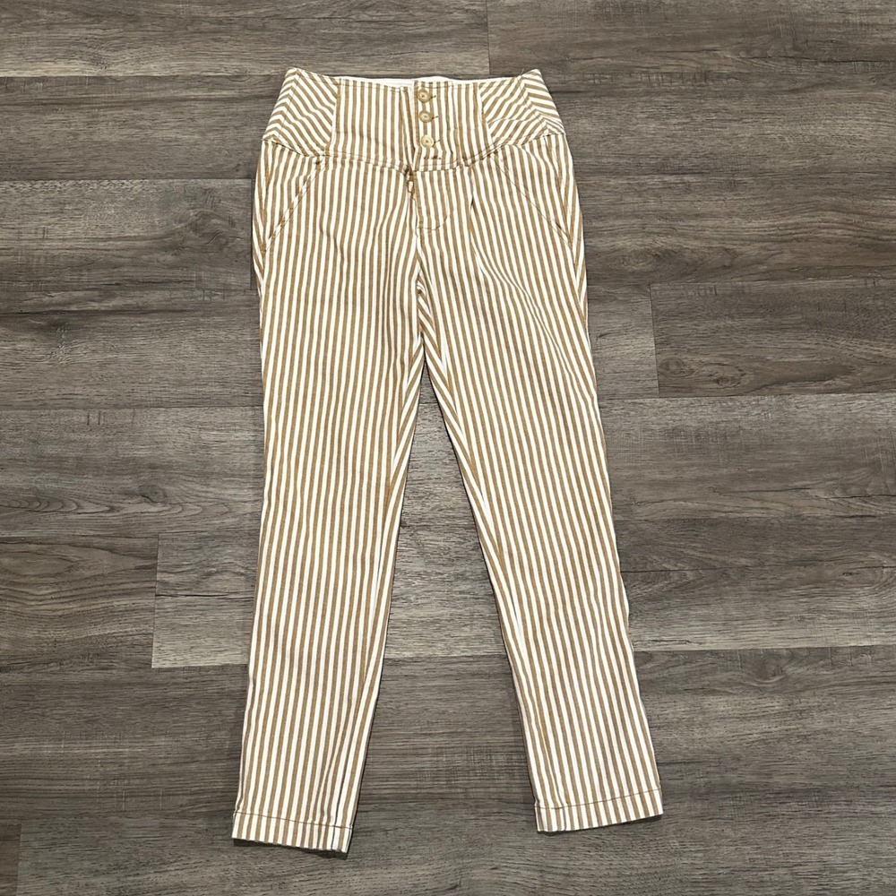 Free People Frankie Tan White Striped High Waist Button Fly Skinny Trousers Sz 6